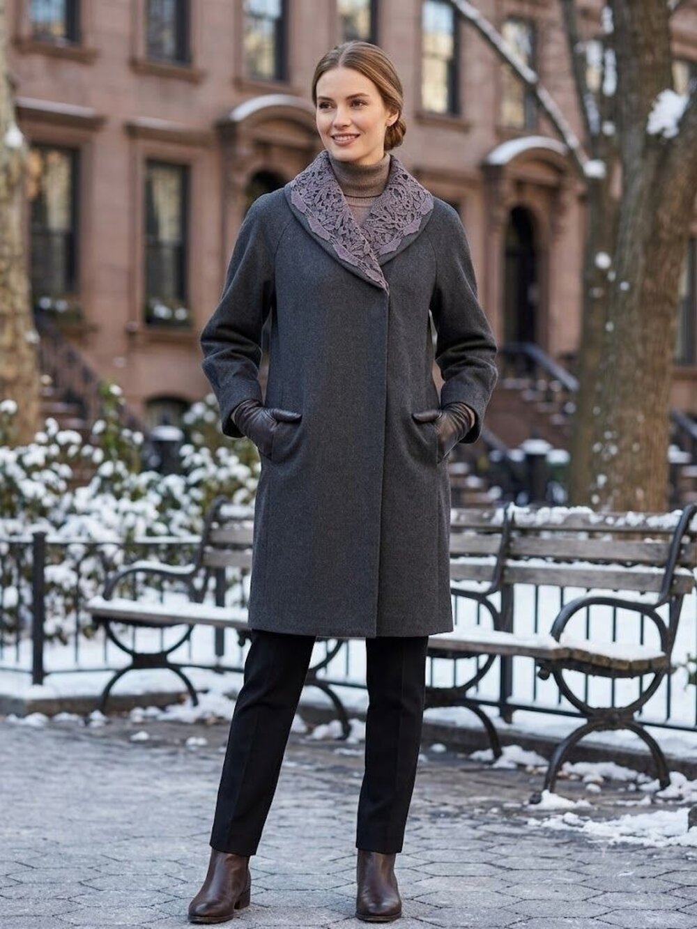 Womens Gray Wool-Blend Coat With Lace Collar By Hem & Thread